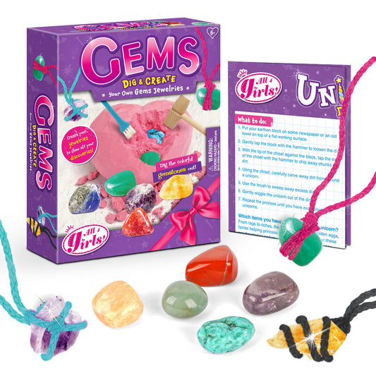 Gemstone Dig Kit Toys For Kids Dig Up 6 Gems& Rocks Science STEM Activities  Educational Gifts For Boys Girls Age Above 6 Gemstones Necklace DIY Gifts